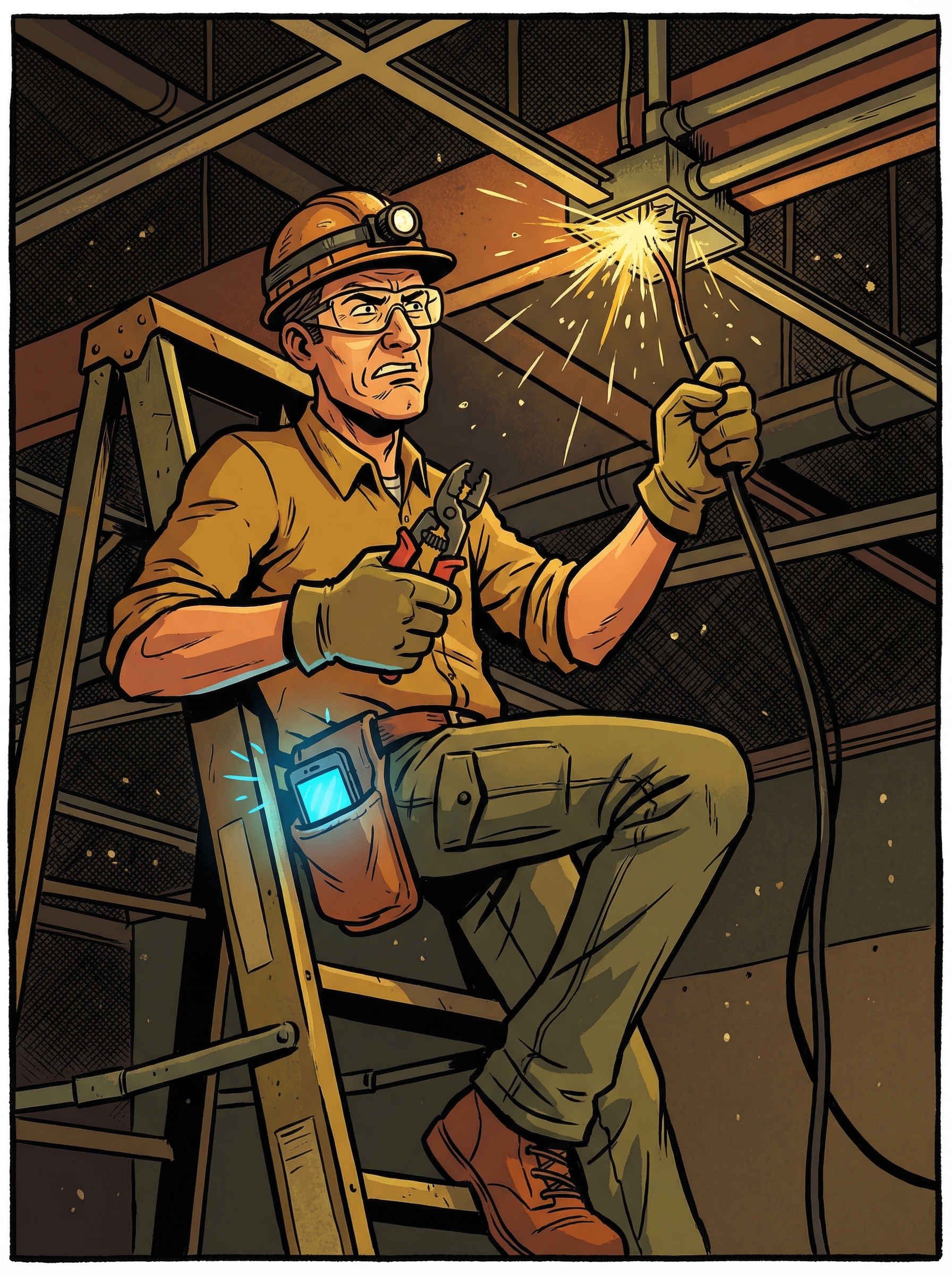 Electrician on a ladder with sparks flying, phone buzzing in his tool belt