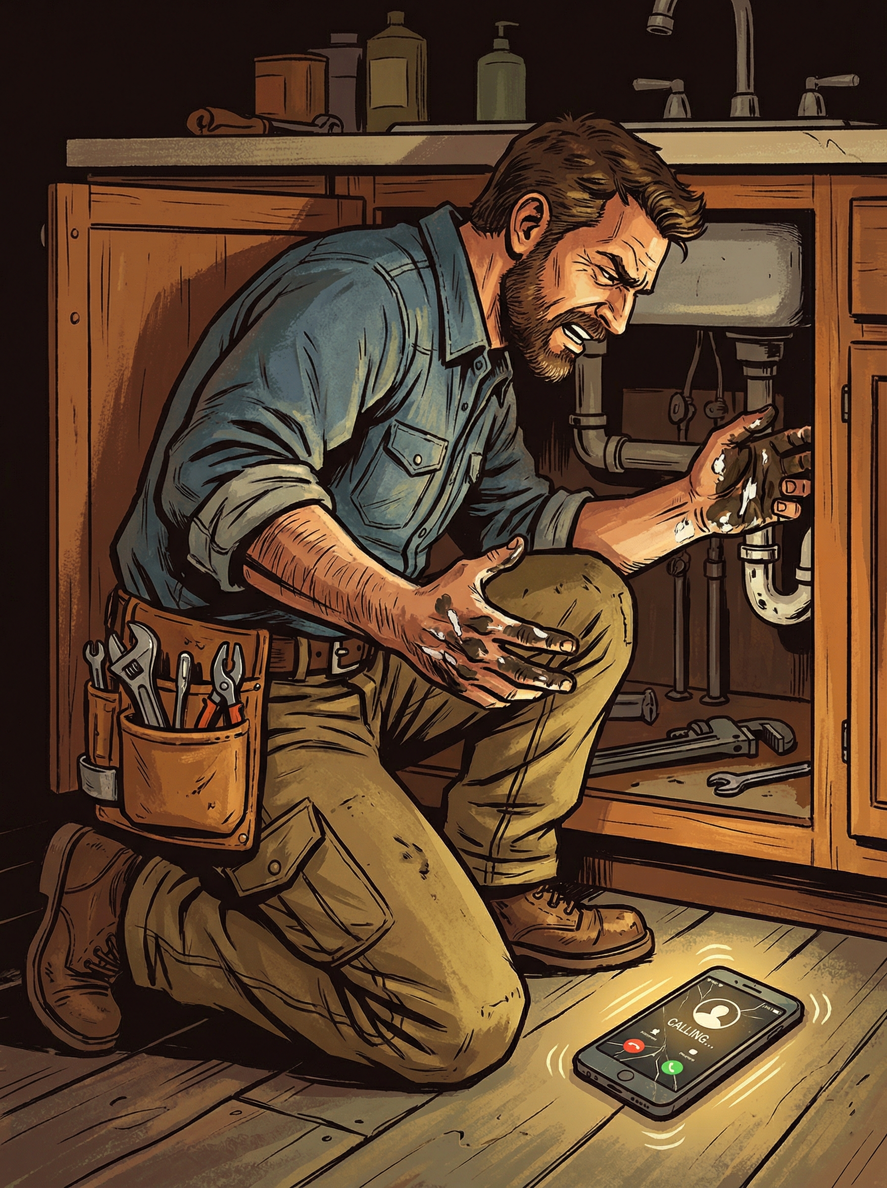 Plumber under a sink with greasy hands, phone buzzing on the floor