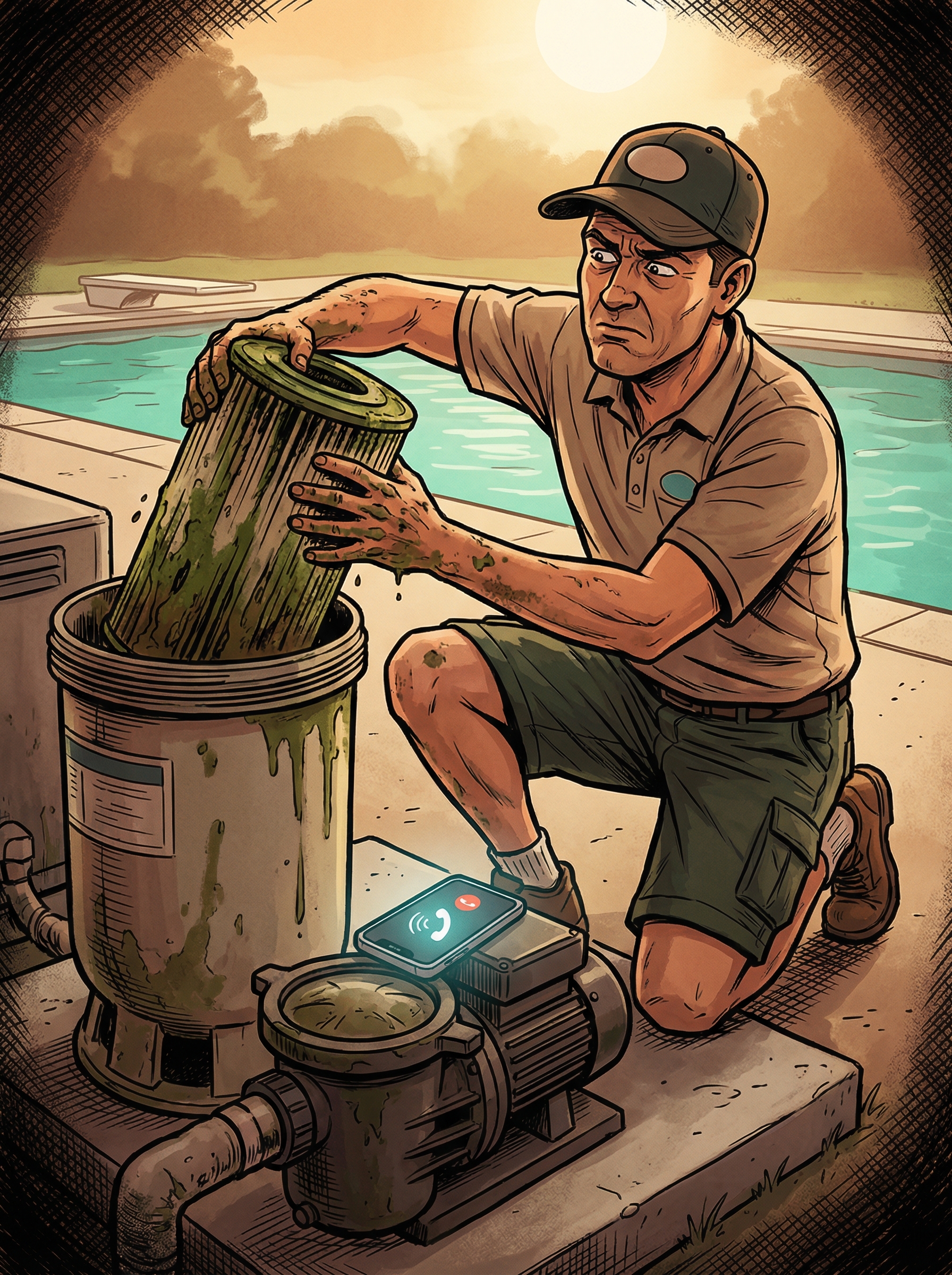 Pool tech waist-deep in a green pool, phone ringing on the deck