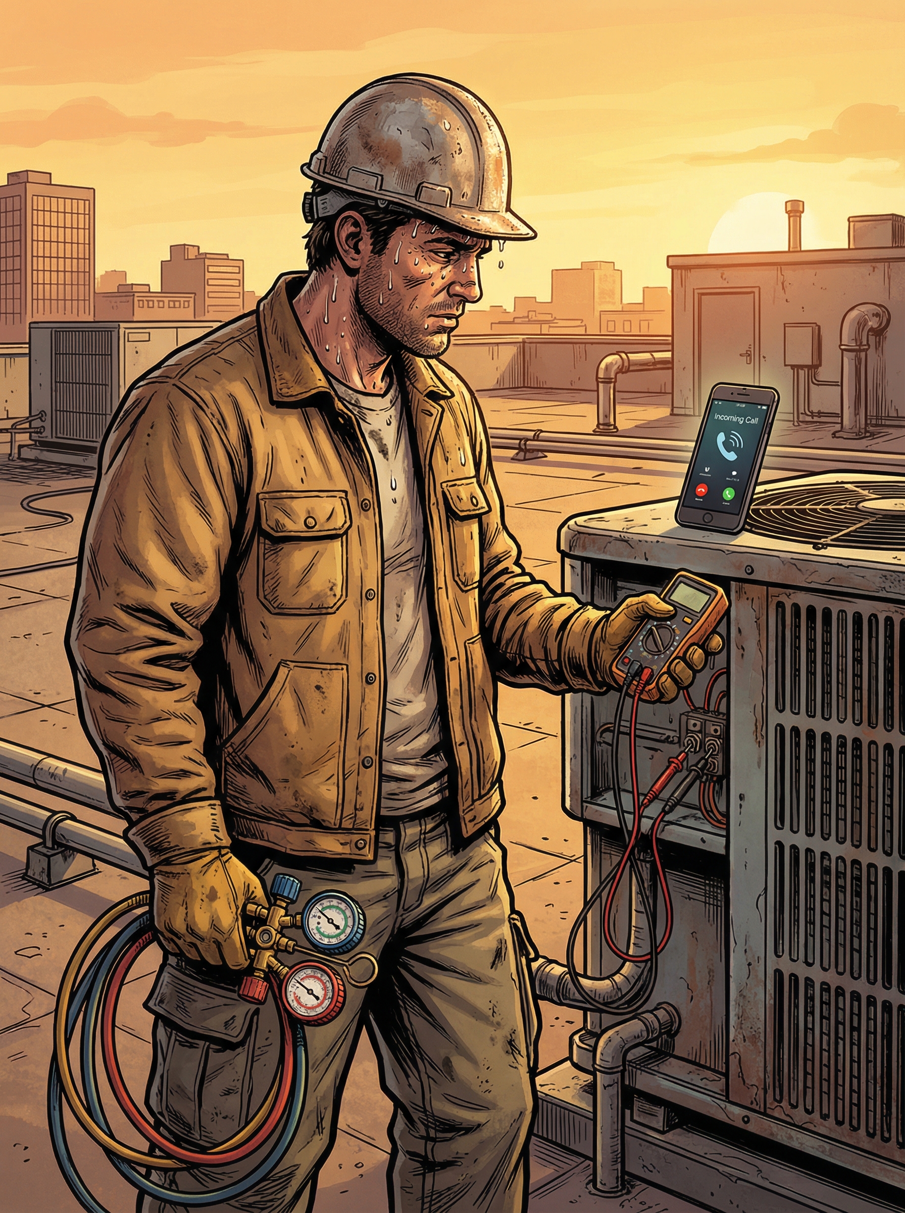 HVAC technician on a rooftop in blazing heat, incoming call glowing on his phone