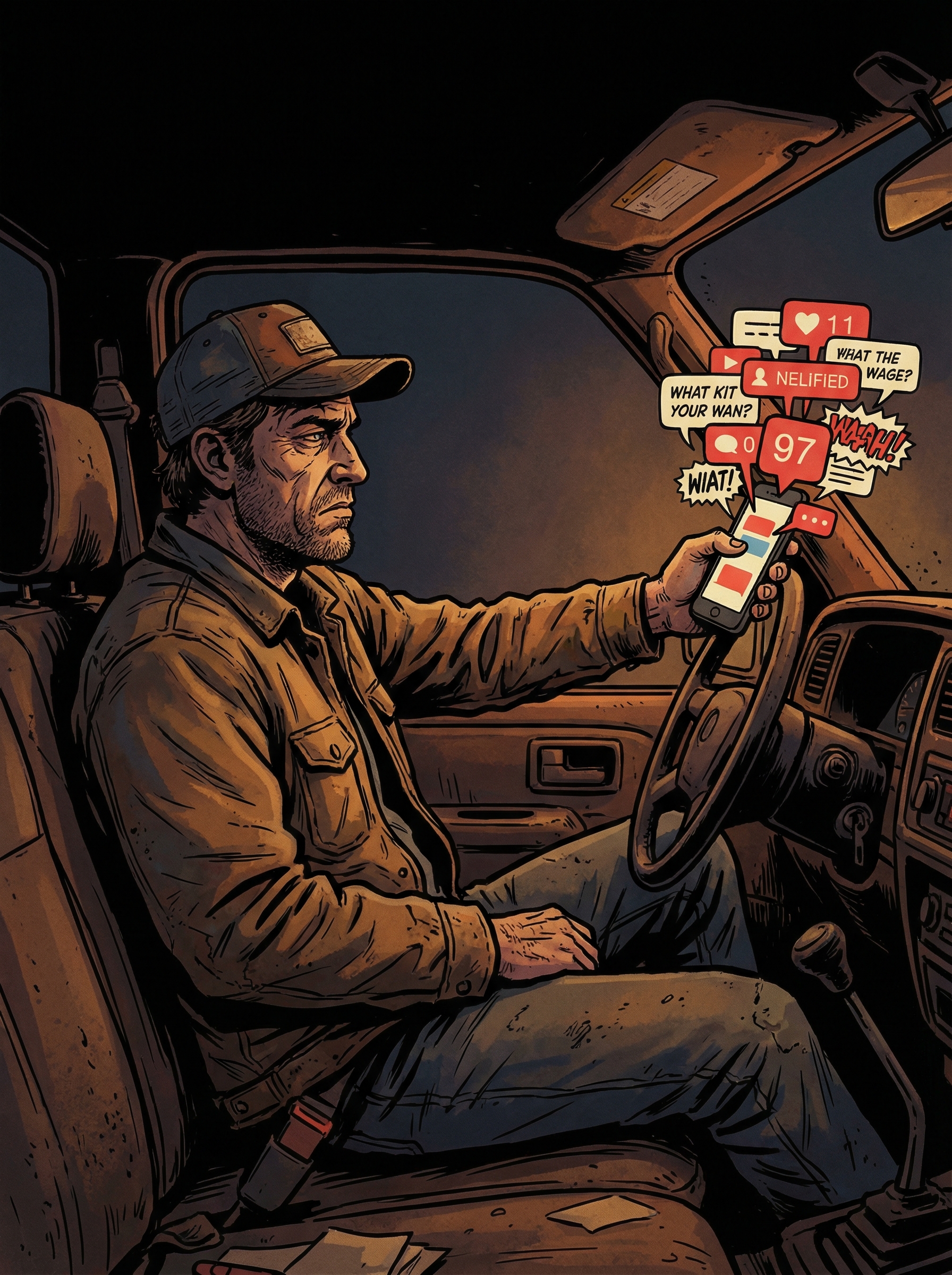 Contractor in his work truck looking disgusted at phone with 97 notification badges