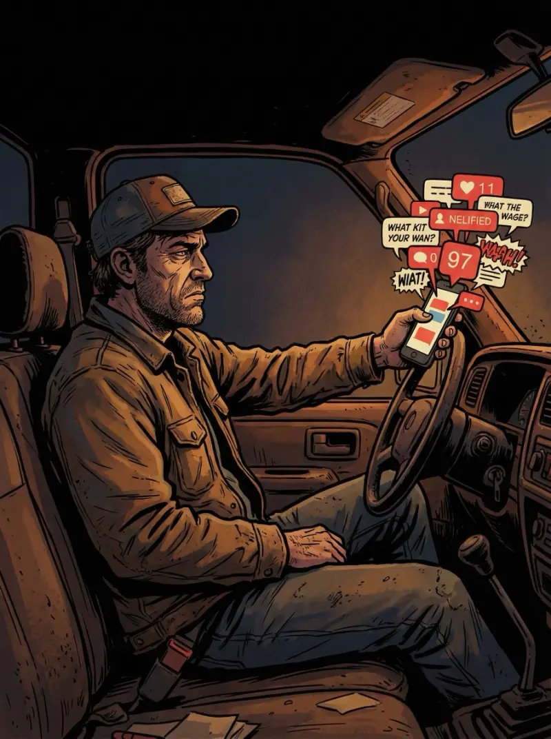 Contractor in his work truck looking disgusted at phone with 97 notification badges